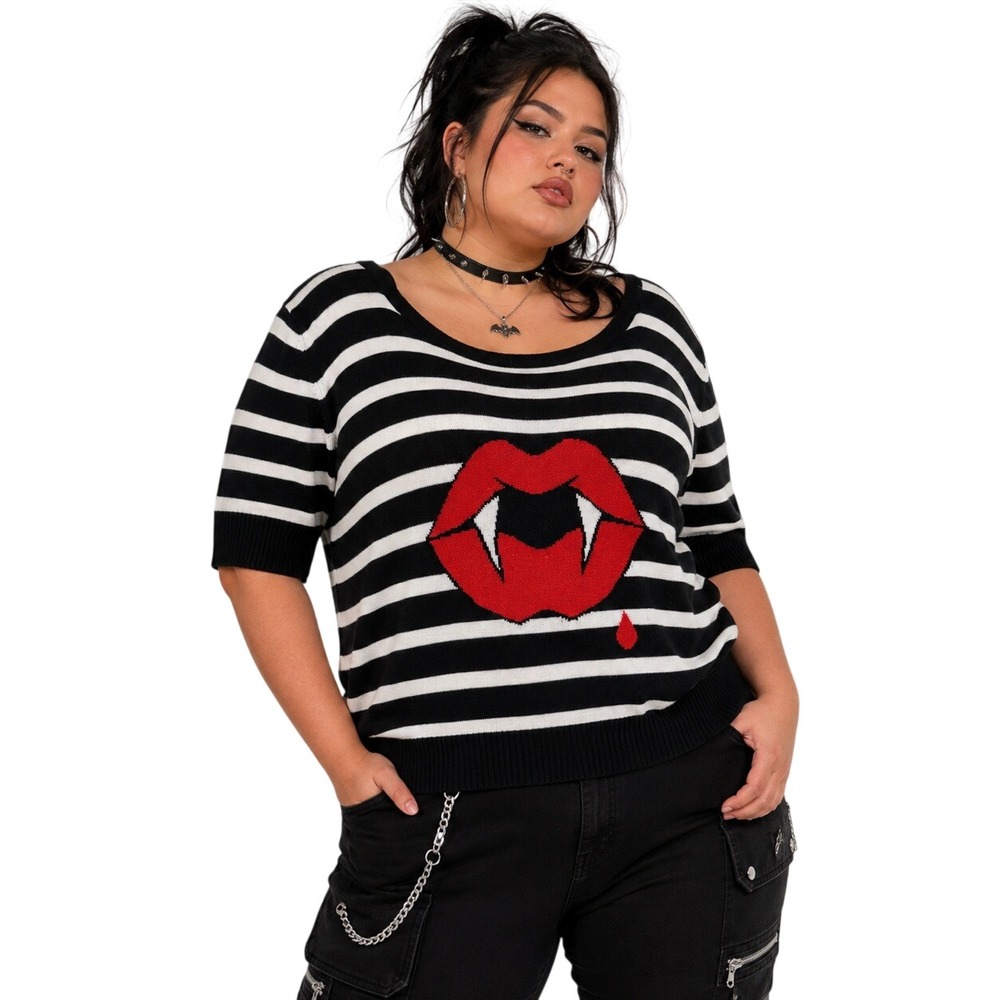 New Hell Bunny Women's Knit Top 3XL Black White Striped Vampire Lips Fangs 6536